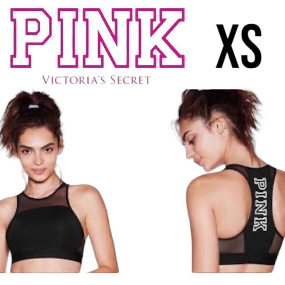 PINK Victorias Secret 
Crop Black Mesh High Neck Sports
Bra Racerback Si… - Picture 1 of 13